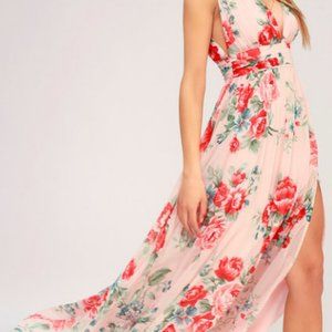 New-Lulus Garden Meandering Floral Chiffon Gown-Coral/Red/Pink